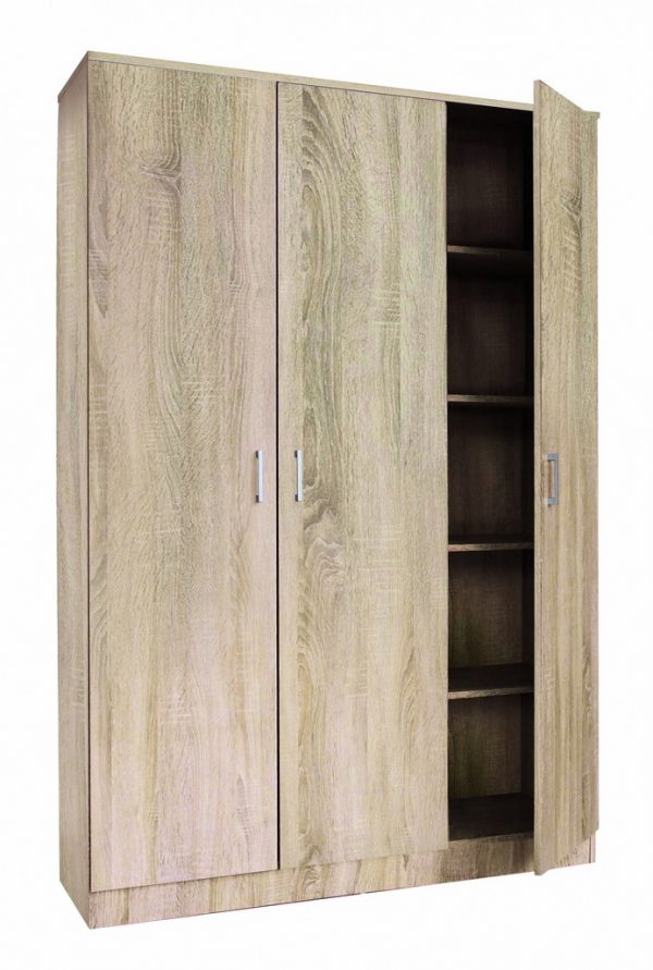 Garde-robe 3 portes avec 4 étagères et penderie couleur décor sonoma