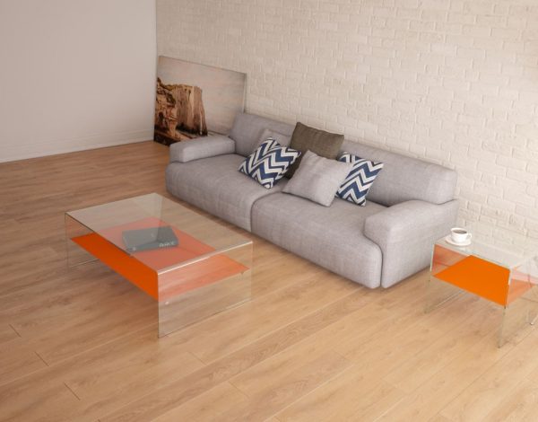 Table basse avec plateau intermédiaire laqué orange