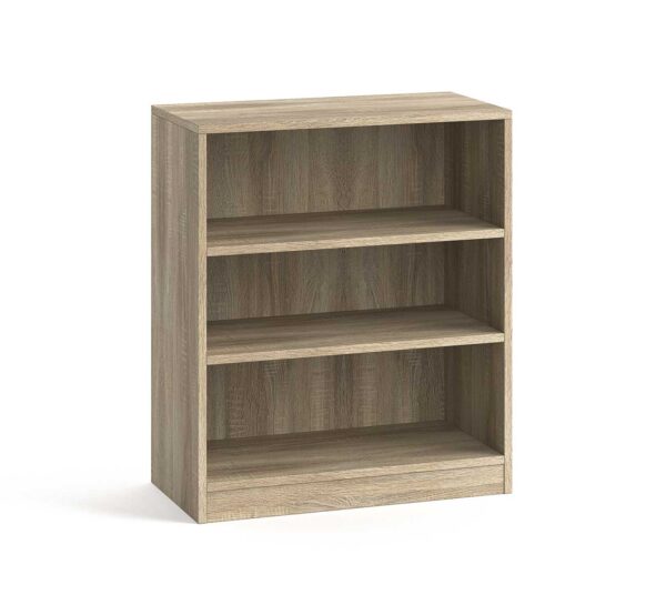 Meuble bibliothèque pour bureau avec 3 niveaux de rangements mesurant 84x72x36 cm. En décor chêne sonoma