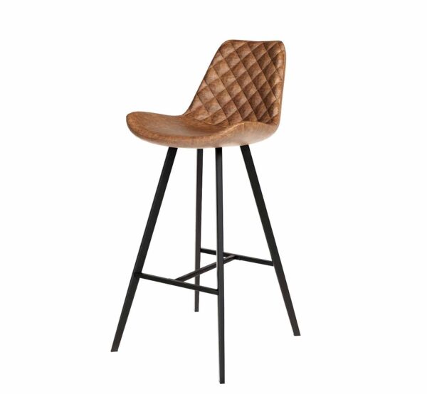 Tabouret de bar sur pied fixe de couleur noir avec une assise en simili cuir cognac. Existe également en couleur brun foncé